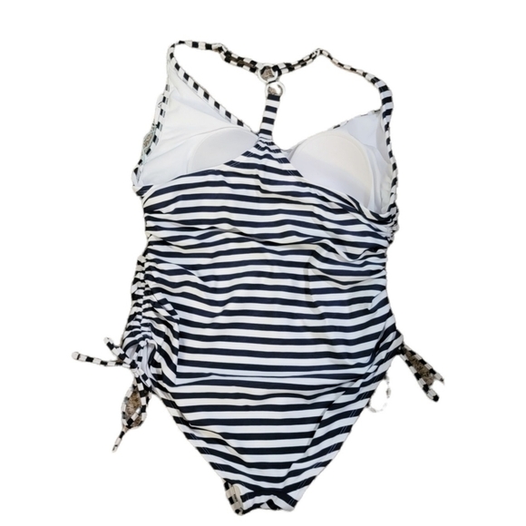 Kona Sol Side Cinch High Coverage One piece swimsuit Navy/ White Stripe Size XL - Picture 6 of 12